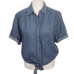 EXPRESS Denim Snap-Up Crop Top Tie Front Size XS Western Jean Shirt Photo 0