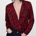 ZARA  Women's Top Red Leopard Print Satin Bodysuit Shirt S Photo 0