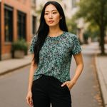 Tulle Womens Blouse Size Medium‎ Floral Sheer Green Pink Blue Oversized NEW Photo 1