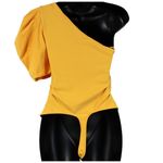 Free People Womens Small One Shoulder Puff Sleeve Bodysuit Sunset Gold Summer Photo 1