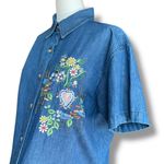 Vintage 90s Embroidered Chambray Denim Shirt Oversized Short Sleeve Heart Floral Blue Photo 3