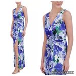 Eliza J  Twist Front Satin Gown Blue Floral 8 Photo 2