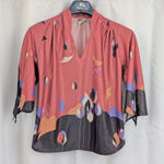 70's Ladies' Geometric Floral Landscape Print Top Black Photo 9