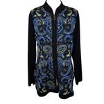 Misook  Paisley Knit Zip Up Hip Length Cardigan Sweater Black Blue Yellow Size S Photo 1