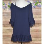 Flying Tomato  Blue Blouse Top Size L Lace Hem Tunic Up V-Neck Casual Photo 12