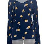 Lucky Brand Women’s Floral Split Neck Long Sleeve Boho Top Blouse Navy Blue Yellow Small Photo 6