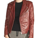 Maje  Bixente Lamb Leather Red Moto Belted Jacket in Bordeaux Size FR 40 US 10 Photo 0