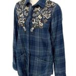 Free People  Womens Stevie's Plaid Paisley Beaded Button-Up Shirt Blue Size Small Photo 3