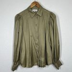Hale Bob  Satin Button Front Top Small Silk Blend Olive Puff Sleeves Photo 2