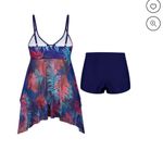 #0030 Chama Plus Size V Neck Swimsuit Sexy Mesh Tankini with Boyshorts Blue Photo 4