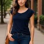 Three Dots Navy Blue Draped Top Women’s Medium Cap Sleeve Shirt Made in USA Photo 1