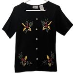 DB Line Womens Short Sleeve Sweater Size S Black Floral Button Up Embroidered Photo 0