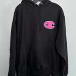 Champion  Reverse Weave Hoodie Womens XL Chain Stitch Logo Black Pink Sweatshirt Photo 0