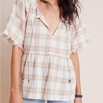 Pilcro and the Letterpress Plaid Beige and White Blouse with Tie Neck Photo 0