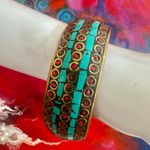 Vintage Brass Turquoise & Red Inlay Mosaic Bangle Bracelet Photo 3