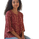 Blair VTG NWOT  Tribal Print Button Down Blouse 3/4 Sleeves Burgundy Size Small. Photo 0