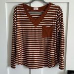Hailey & Co. Women's M Long Sleeve Pocket Tee Shirt Rust Brown Stripe Vneck Top Photo 0