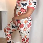 Shirley & Stone Pumpkin Pajama Set Loungewear V Neck Top and Pants Fall Women White Size 2X Photo 0