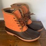 Marley Lilly Women's Brown Orange Plaid Tie Duck Rain Snow Boots Shoes Sz 8 Photo 0