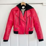 Alice + Olivia  Avril Red Leather Moto Jacket with Attached Hoodie Photo 0