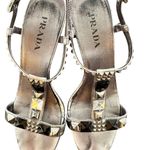 Prada 38 Patent Leather T-Strap Silver Studded crystals Accents Block Sandals Photo 11