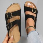 Women’s Sandal Slides– Adjustable Buckle Slippers, Lightweight with Cork Footbed Black Size 8 Photo 0