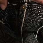 Black and White Woven Tote Bag with Tan Handles Photo 4
