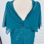Badgley Mischka  Teal Silk Sequin Evening Gown Size 14 Draped Cape Formal Photo 4