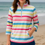 Talbots T by  Women’s Rainbow Striped Half Zip Sweatshirt Size S Nautical Preppy Photo 0