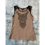 B.L.E.U. Tan Black Studded Long Tank Top w Faux Leather Shoulders Small Photo 6