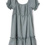 Teal & White Checkered Puff Sleeve Mini Dress Photo 3