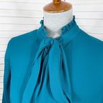 New‎ York & Company Pleated Puff Sleeve Pussybow Tie Neck Blouse Teal Medium Blue Photo 4