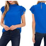 CeCe  Blue Clip Dot Ruffle Mock Neck Crepe Top Size Small Photo 1