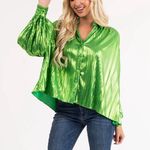 Flying Tomato NWOT Boutique  pleated lime metallic button down top size small Photo 2