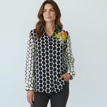 Etro Made in Italy 100% Silk Polka Dot Floral Embroidered Blouse Size 44/Medium Black Photo 5
