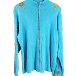 Quacker Factory Cardigan Sweater Blue Embroidered Beaded Sequined Zip Large Photo 1