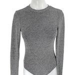H&M Silver Metallic Long Sleeve Open Back Cutout Crew Neck Bodysuit Top Size S Photo 0