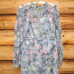 Mac Duggal   8098 Blue Floral Long Sleeve High Neck Ruffle Midi Dress Photo 7