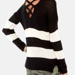 Olive & Oak Sweater Ivory & Black Striped Criss Cross Back Size Medium Photo 0