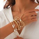 NEW 5pc set Boho Chunky Gold Beaded Bracelet Set Coquette Bow with Pearls Photo 0