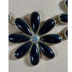 None Vtg 3 Flower Choker Necklace Black Plastic Petals Rhinestone Gold Tone Photo 2