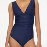 J.Crew  Navy Ruched V Neck One Piece Swimsuit Size L Photo 0