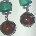 Silver Tone & Wooden Teal Beads Brown Glass Boho Ball Drop Pierced Earrings Photo 2