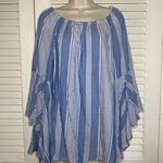 Fever Striped Off Shoulder Top Flowy Bell Sleeve Blouse Bohemian Style Small Blue Photo 0