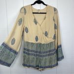 Free People Janpath Romper Shorts Jumpsuit Long Bell Sleeves Beige Blue Floral S Photo 0