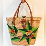 Vintage 3D Floral Wicker Basket Bag Purse Handbag Tan Green Photo 0