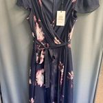 DKNY Dress Womens 12 Blue Faux Wrap Floral Print Flutter Sleeve Tie Waist B63 Photo 1