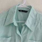 ZARA  Light Green Striped Button-Up Crop Shirt Size: XS Photo 1