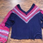 Free People • Copenhagen thermal knit top balloon sleeve mixed media navy red Photo 3