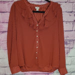 J. CREW FACTORY CLIP DOT RUFFLE BUTTON UP SHIRT SPLIT V NECK LINED DEEP ORANGE M Size M Photo 0